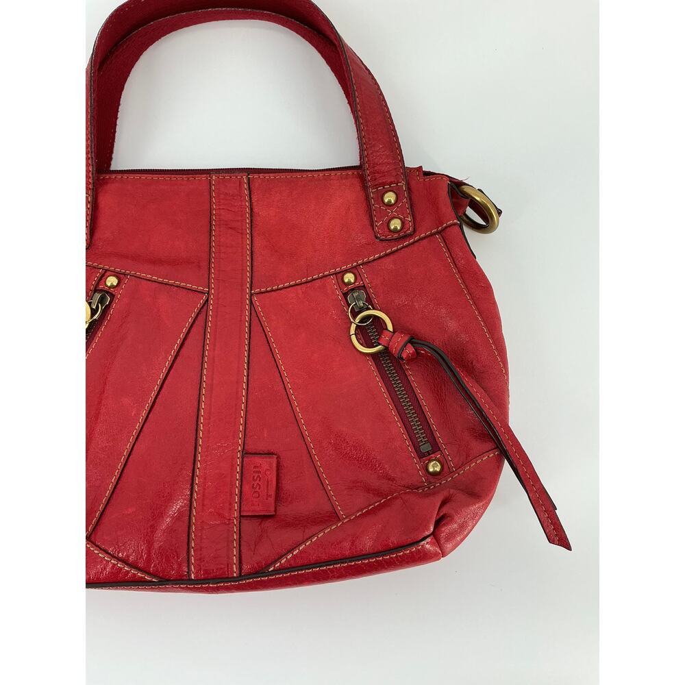 Fossil Y2K Red Leather Satchel Crossbody Bag Brass Hardware - Picture 4 of 15